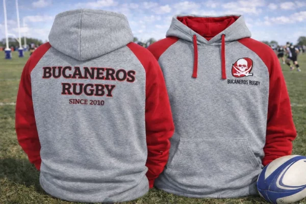 Sudadera Bucaneros Rugby Gris y Roja con bordado y DTF