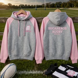 sudadera Bucaneros Rugby gris rosa bordado DTF