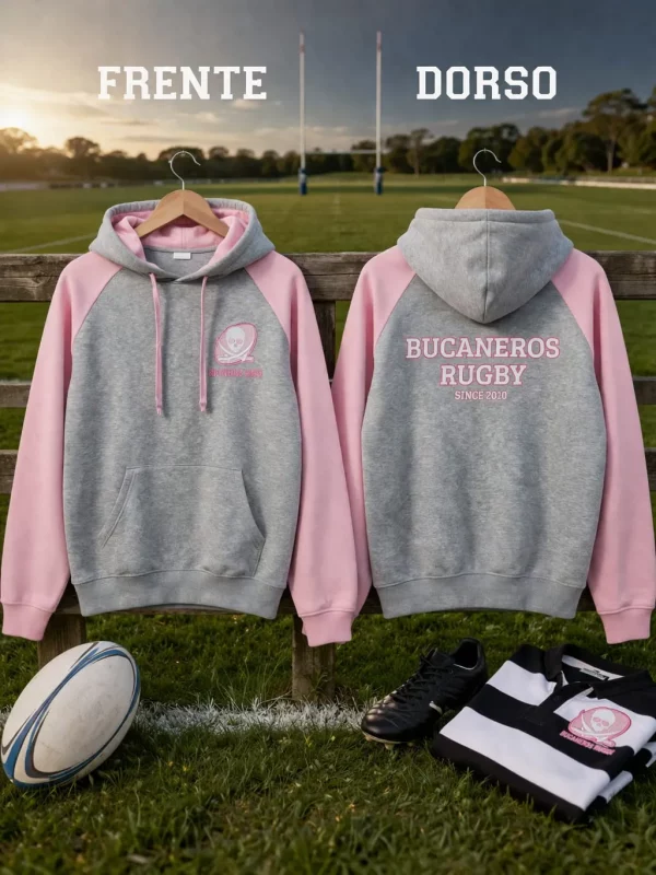 Sudadera Bucaneros Rugby Gris y Rosa con bordado y DTF